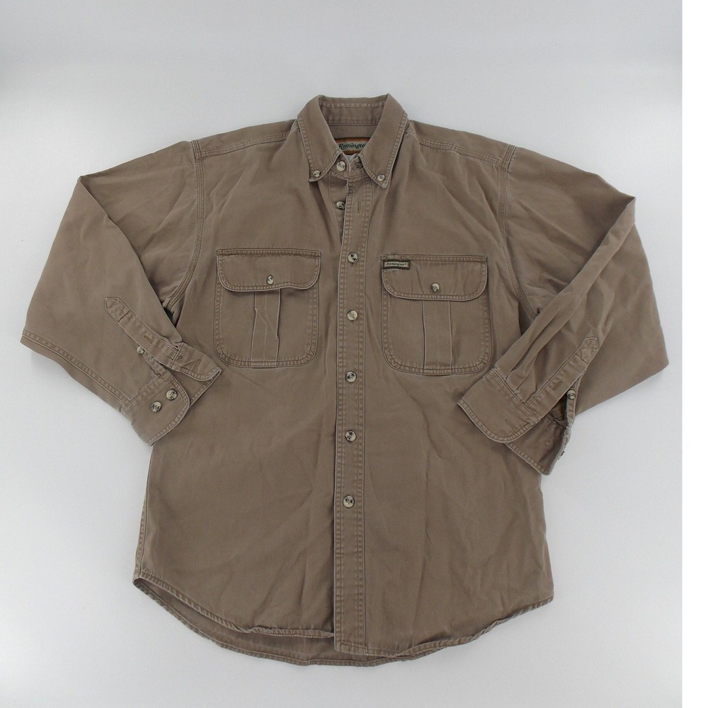 Remington Outdoor Shirt Button Up 90s Vintage Mens Large Tan Brown Cotton Canvas